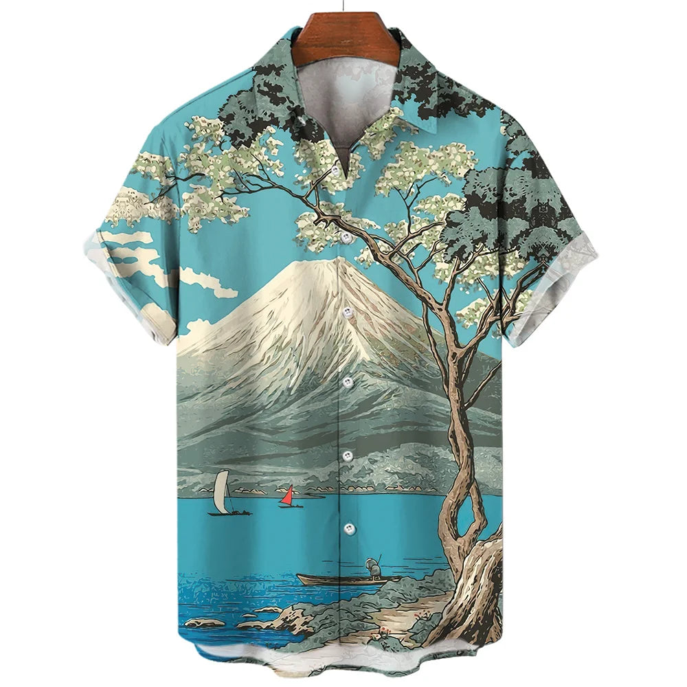 Vintage Surf and Palm Tree Print Short-Sleeve Hawaiian Shirt with Button-Up Closure and Turn-Down Collar