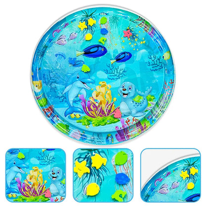 Round Inflatable Tummy Time Water Play Mat with Underwater Theme and Floating Toys for Baby's Sensory Development and Fun Playtime