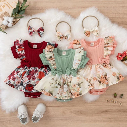 Floral Ruffle Sleeve Baby Romper Dress with Matching Headband, Perfect for Special Occasions and Photoshoots