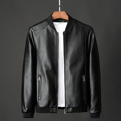 Men's Faux Leather Bomber Jacket with Ribbed Cuffs, Zippered Pockets, and Slim Fit Design