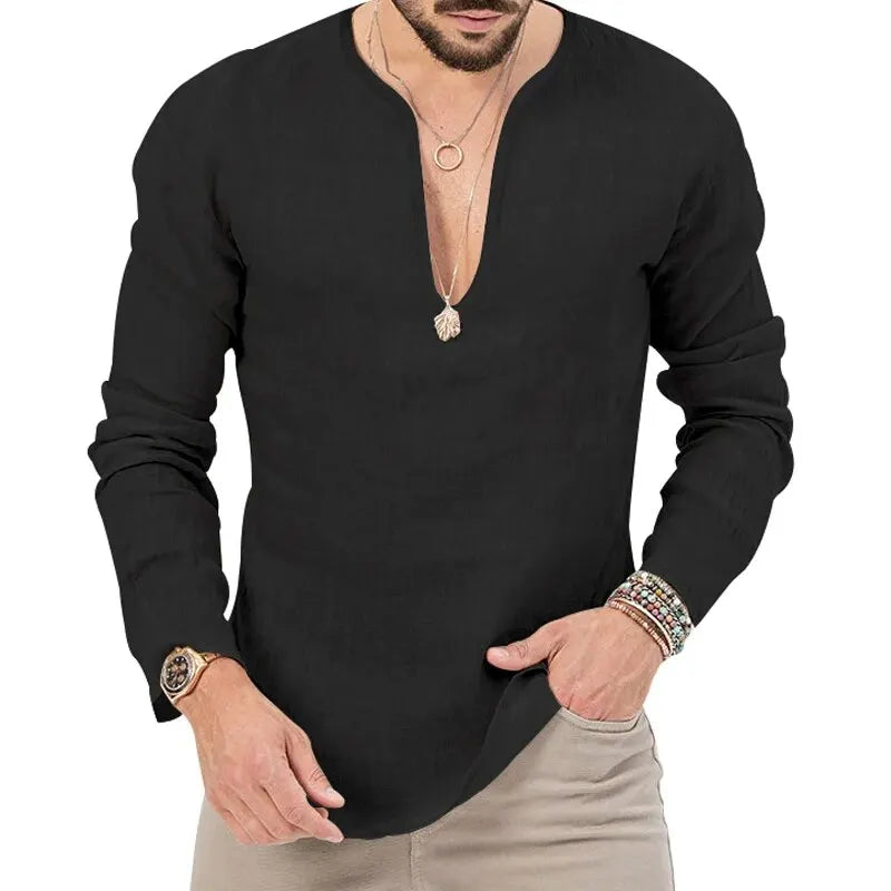 Men's Long-Sleeve V-Neck Casual Linen Shirt for a Relaxed and Stylish Look