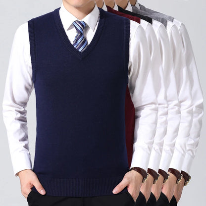 Men's V-Neck Sleeveless Knit Sweater Vest with Ribbed Hem and Tailored Fit for Layering