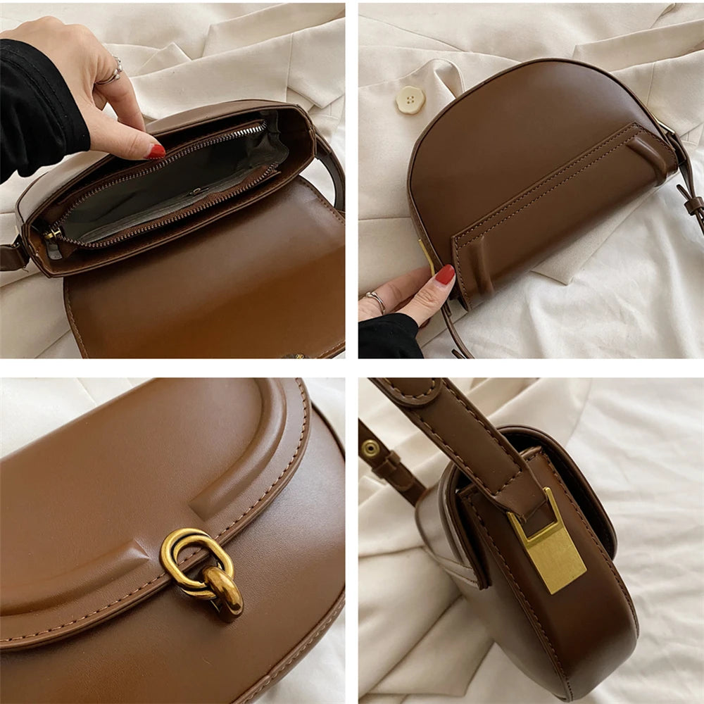 Elegant Saddle Shoulder Bag with Gold Buckle Accent and Adjustable Strap