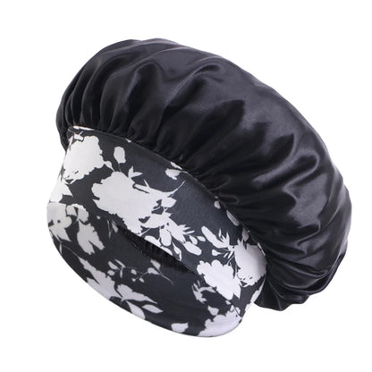 Silk Satin Sleep Bonnet with Wide Elastic Band and Floral Design for Hair Protection