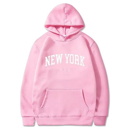 New York USA Graphic Hoodie with Kangaroo Pocket and Ribbed Cuffs for Urban Casual Style