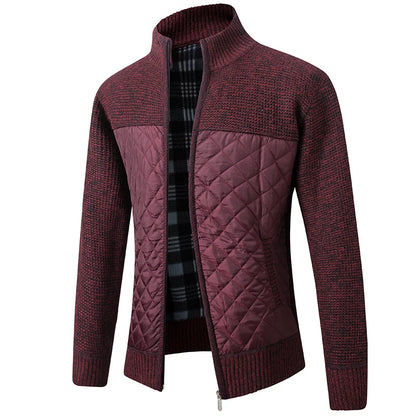 Men's Quilted and Knit Zip-Up Jacket with High Collar and Plaid Lining