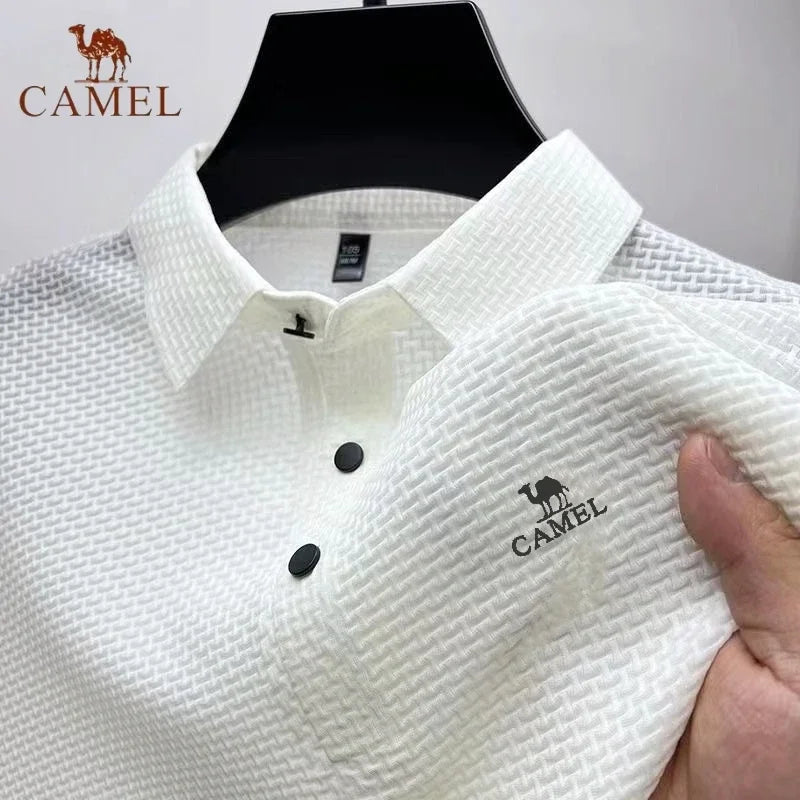 Men's Textured Knit Polo Shirt with Embroidered Camel Logo and Button Placket