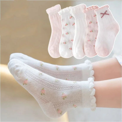 Set of Adorable Girls' Lace Trim Socks with Floral Patterns – Soft and Comfortable for Everyday Wear