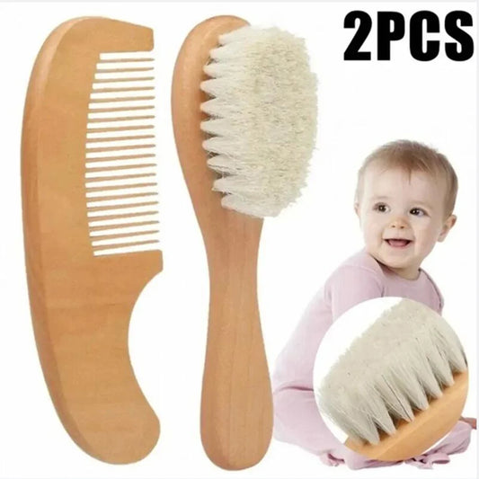 Gentle Baby Hair Care Set with Natural Wood Comb and Soft Bristle Brush - Perfect for Newborns and Toddlers