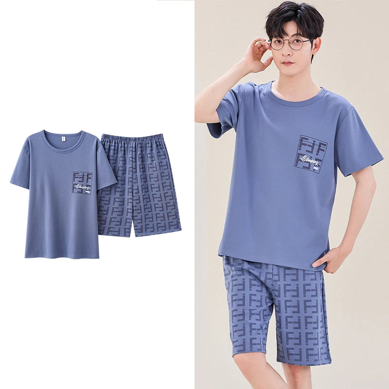 Men's Summer Plaid Pajama Set with Short Sleeve Top and Elastic Waist Shorts Featuring Chest Pocket and Comfortable Fit