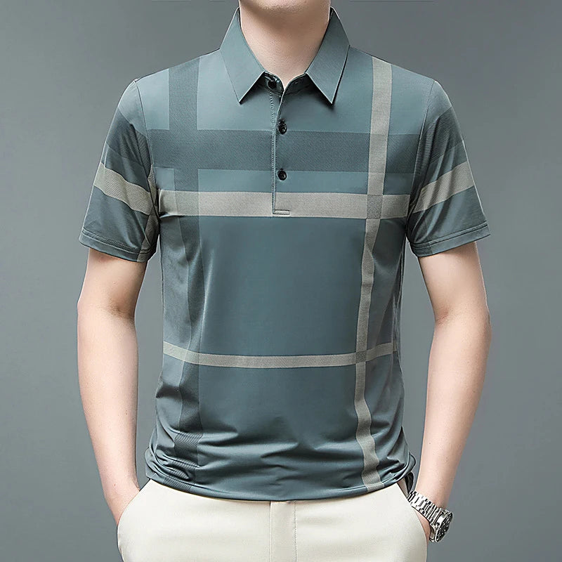 Men's Striped Short Sleeve Polo Shirt with Button Placket and Classic Fit Design