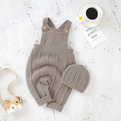 Handcrafted Knit Overalls with Matching Beanie and Long-Sleeve Top for Infants