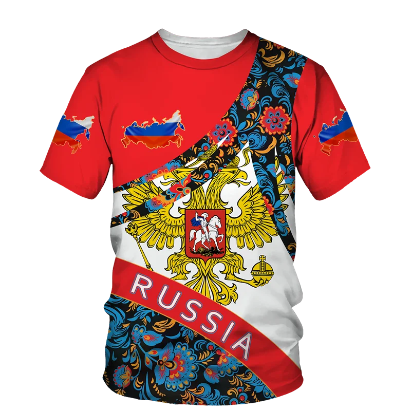 Men's Short Sleeve T-Shirt with Russian Coat of Arms and Flag Design, Customizable Name Option, and Military-Inspired Graphics