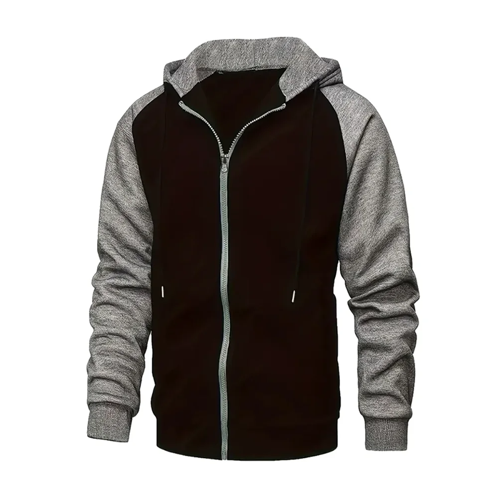 Men's Full-Zip Hooded Sweatshirt with Contrasting Sleeves, Adjustable Drawstring, and Comfortable Fit for Casual and Athletic Wear