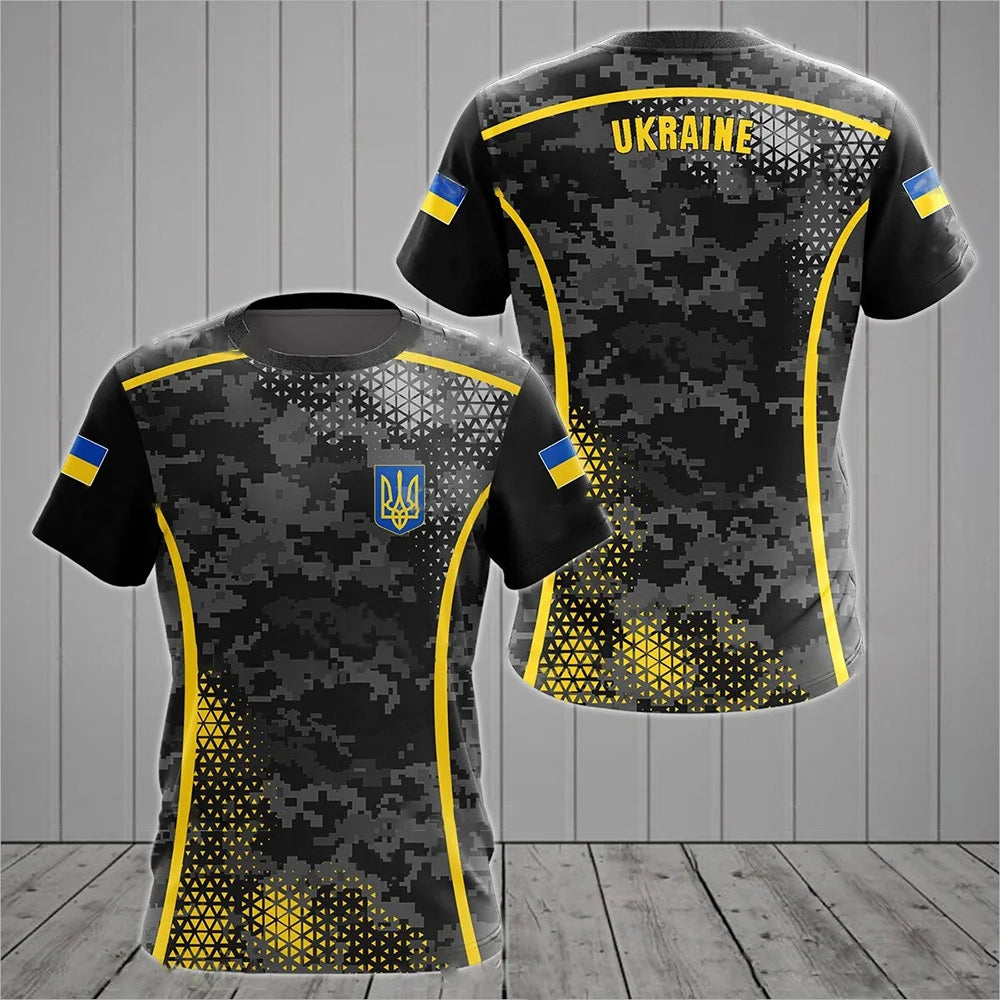 Men's Short Sleeve T-Shirt with Ukrainian Emblem and Flag Design, Featuring Military-Inspired Aesthetics and Patriotic Details