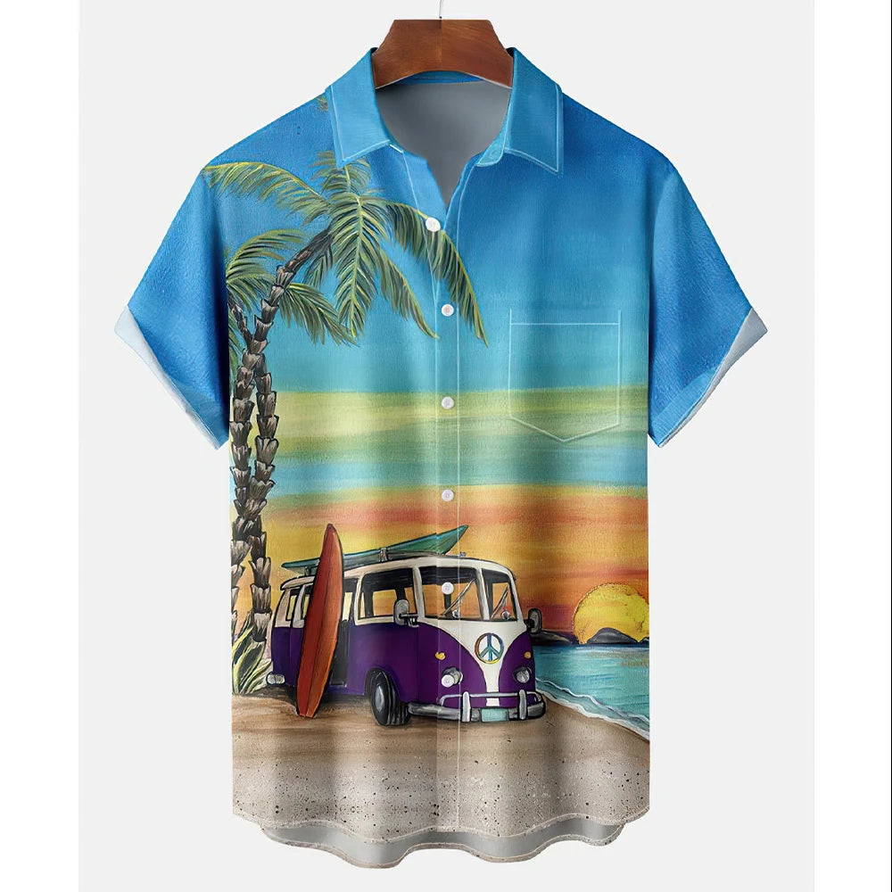 Vintage Surf and Palm Tree Print Short-Sleeve Hawaiian Shirt with Button-Up Closure and Turn-Down Collar