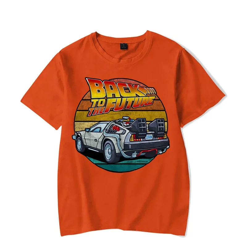 Men's Short Sleeve Retro Graphic T-Shirt Featuring Iconic Car Design and Nostalgic "Back to the Future" Theme