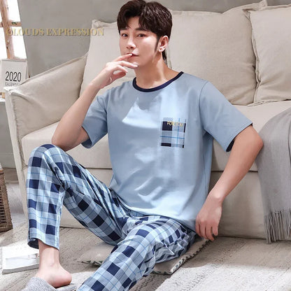 Men's Casual Short Sleeve T-Shirt with Chest Pocket Detail and Matching Plaid Lounge Pants Set for Relaxed Home Wear