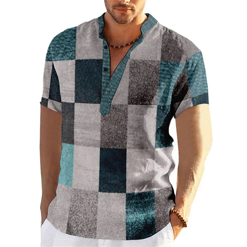 Men's short sleeve V-neck shirt with bold geometric patchwork design for a stylish and unique casual look