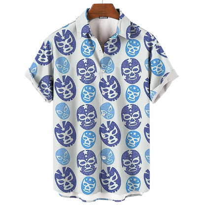 Short-Sleeve Hawaiian Shirt with Lucha Libre Wrestler Print and Button-Up Design