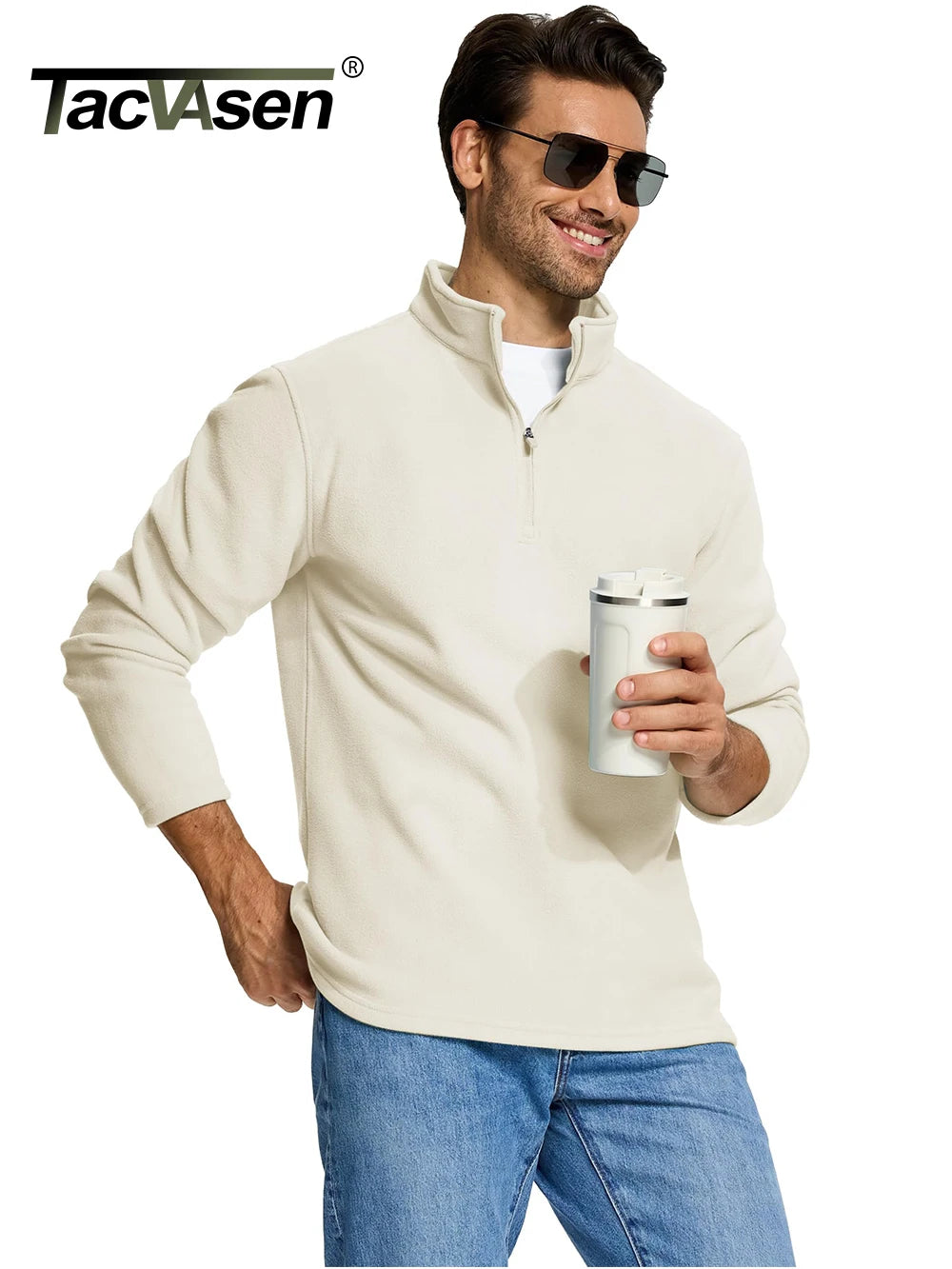 Men's Half-Zip Fleece Pullover with Stand Collar and Long Sleeves