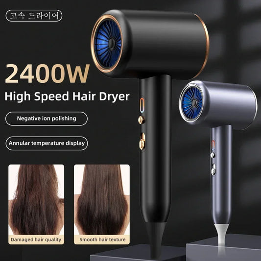 2400W High-Speed Hair Dryer with Negative Ion Polishing and Annular Temperature Display, Designed for Enhancing Hair Smoothness and Reducing Damage