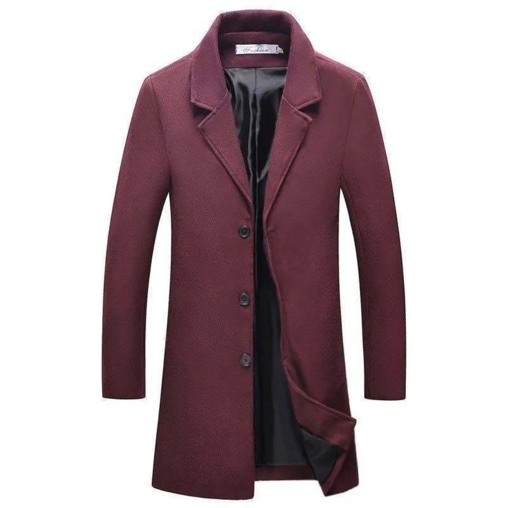 Men's Long Wool Blend Overcoat with Notched Lapel, Single-Breasted Closure, and Full-Length Sleeves for a Sophisticated and Warm Autumn and Winter Look