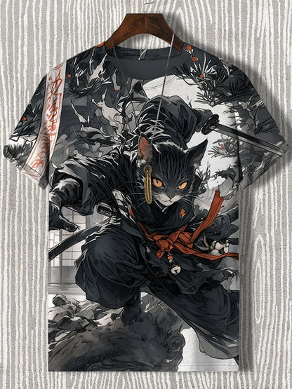 Men's Short Sleeve T-Shirt with Samurai Panda Graphic and Detailed Autumn Background Design