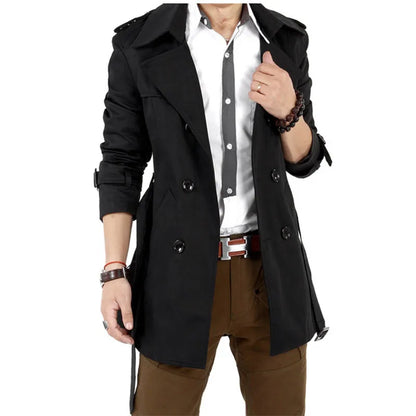 Men's Slim-Fit Double-Breasted Trench Coat with Epaulets and Adjustable Cuffs for a Sophisticated, Modern Look