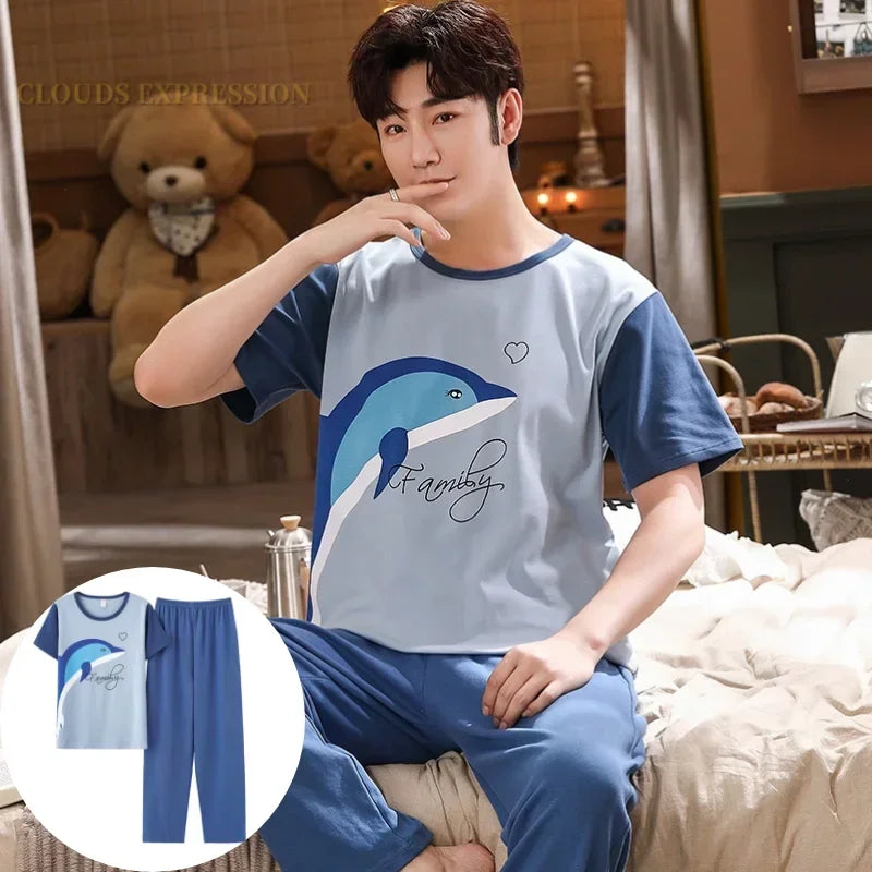 Men's Casual Short Sleeve T-Shirt with Chest Pocket Detail and Matching Plaid Lounge Pants Set for Relaxed Home Wear