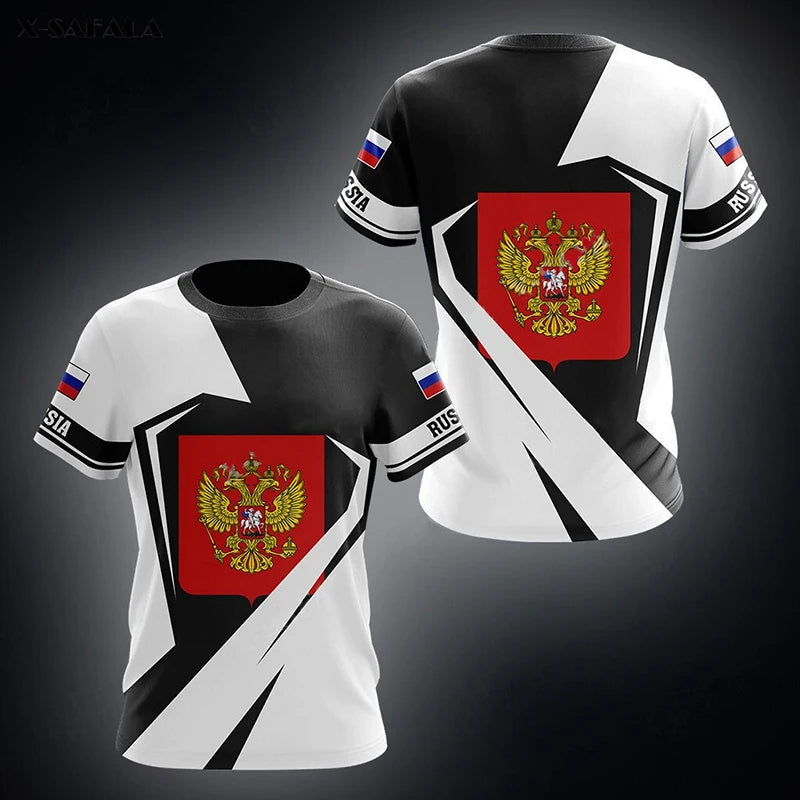 Men's Short Sleeve T-Shirt with Russian Coat of Arms and Flag Design, Customizable Name Option, and Military-Inspired Graphics