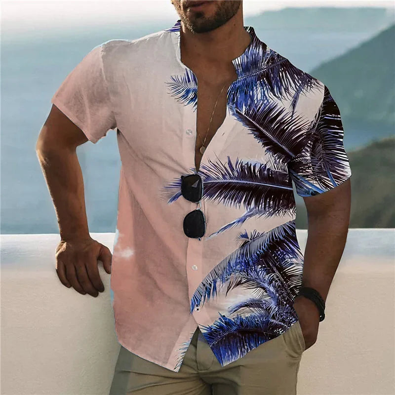 "Men's Tropical Print Short Sleeve Casual Button-Up Shirt with Relaxed Fit"