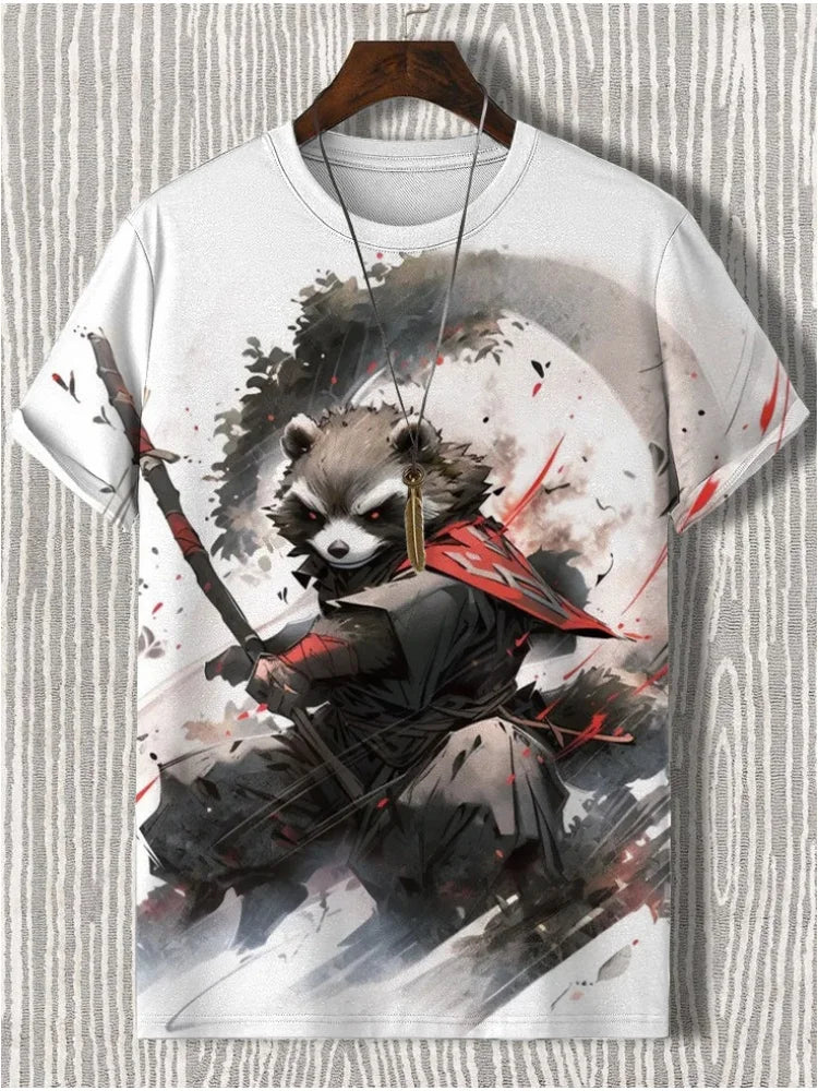 Men's Short Sleeve T-Shirt with Samurai Panda Graphic and Detailed Autumn Background Design