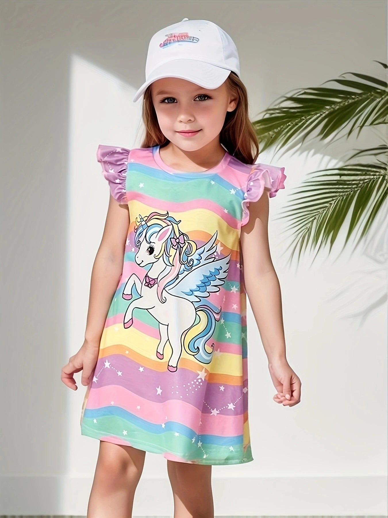 Girls' Unicorn and Rainbow Dress with Ruffled Sleeves – Adorable and Comfortable Summer Wear for Kids