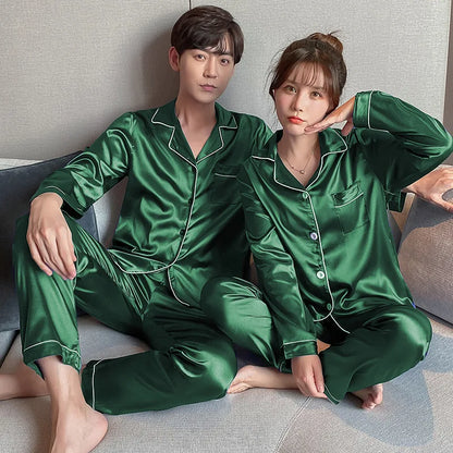 Couples Matching Satin Pajama Set with Contrast Piping and Button-Down Design for Luxurious Sleepwear