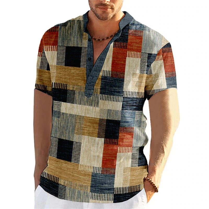 Men's short sleeve V-neck shirt with bold geometric patchwork design for a stylish and unique casual look