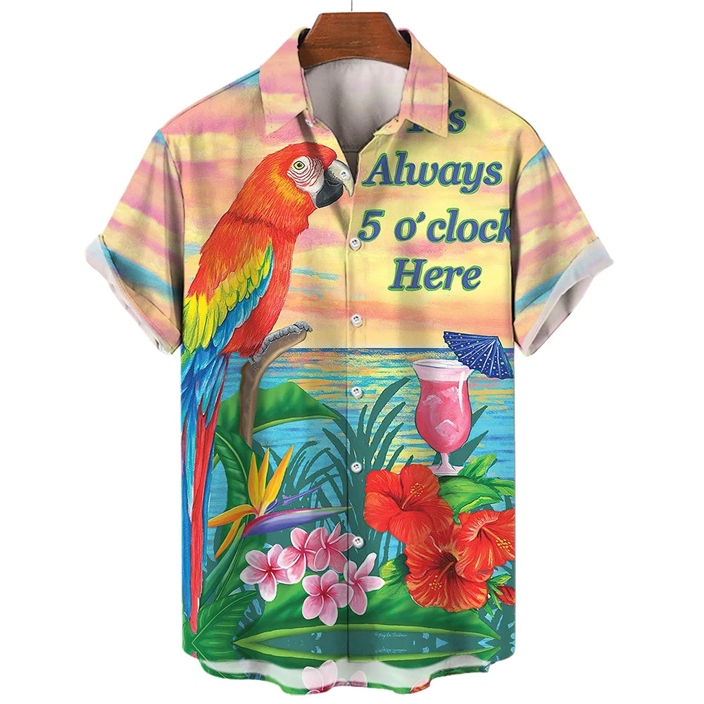 Vintage Surf and Palm Tree Print Short-Sleeve Hawaiian Shirt with Button-Up Closure and Turn-Down Collar