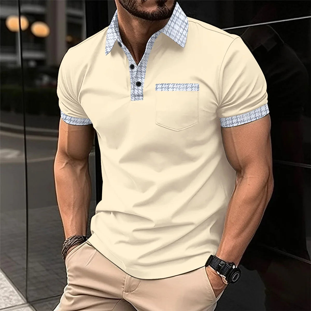 Men's Tactical Short Sleeve Polo Shirt with Shoulder Pocket and Chest Zipper Detail