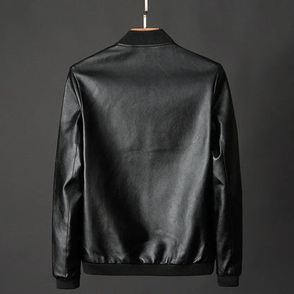 Men's Faux Leather Bomber Jacket with Ribbed Cuffs, Zippered Pockets, and Slim Fit Design