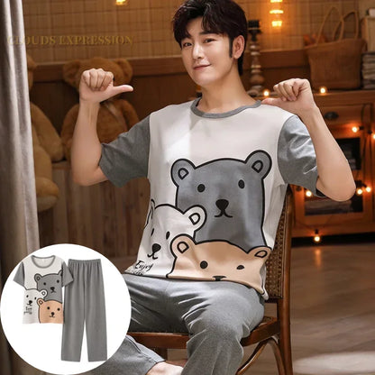 Men's Casual Short Sleeve T-Shirt with Chest Pocket Detail and Matching Plaid Lounge Pants Set for Relaxed Home Wear