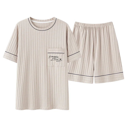 Men's Striped Short and Long Sleeve Pajama Set with Chest Pocket and Contrast Piping for Versatile Sleepwear Options