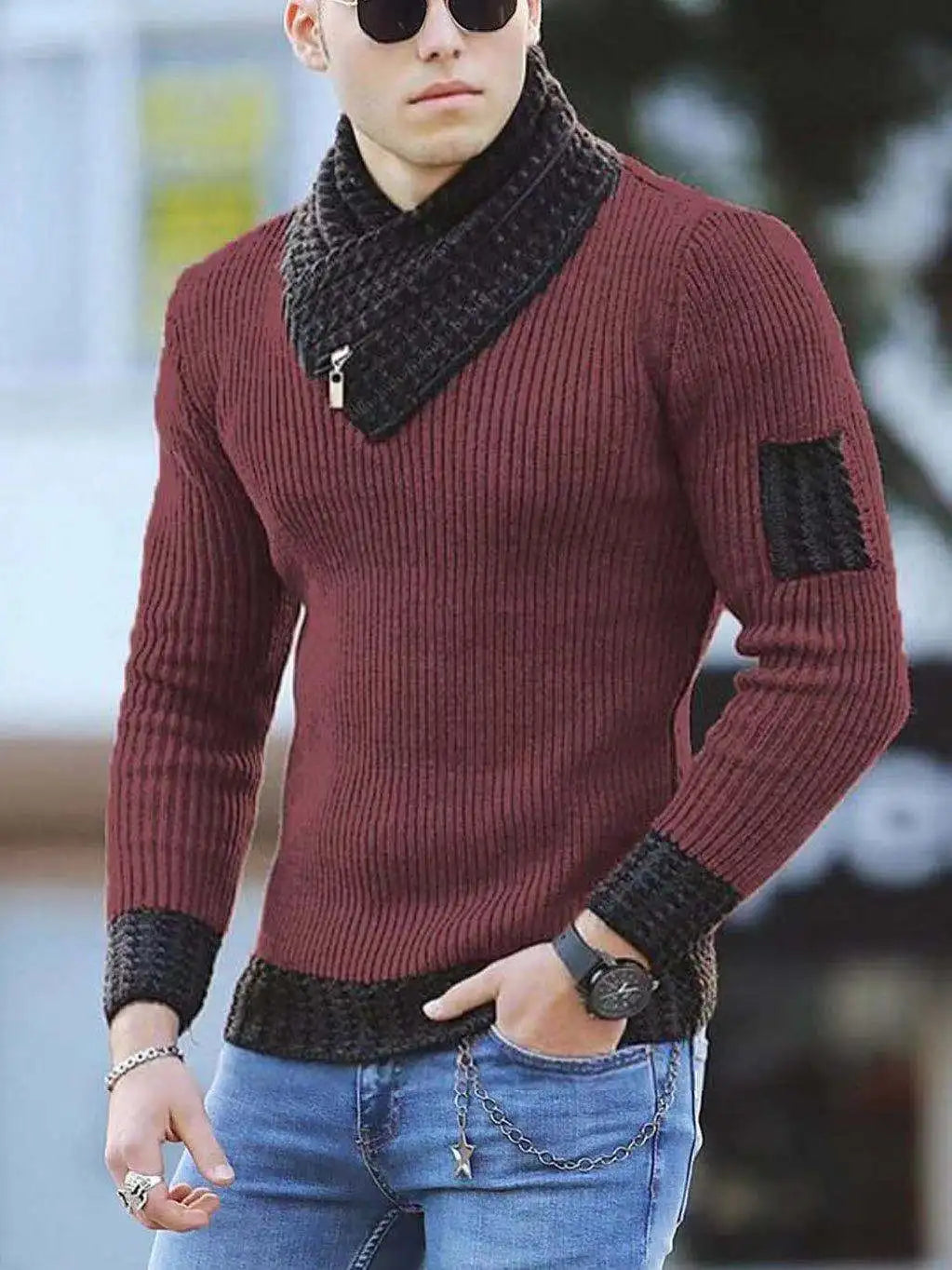 Men's Ribbed Knit Pullover with Asymmetrical Zippered Cowl Neck and Contrast Trim