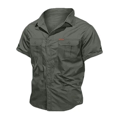 Men's Short-Sleeve Button-Up Shirt with Double Chest Pockets and Lightweight Design, Perfect for Casual Summer and Outdoor Activities