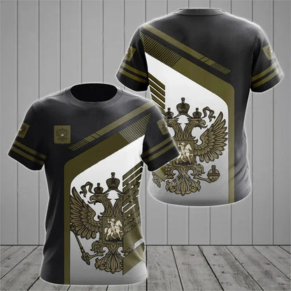 Men's Short Sleeve T-Shirt with Russian Coat of Arms and Flag Design, Customizable Name Option, and Military-Inspired Graphics