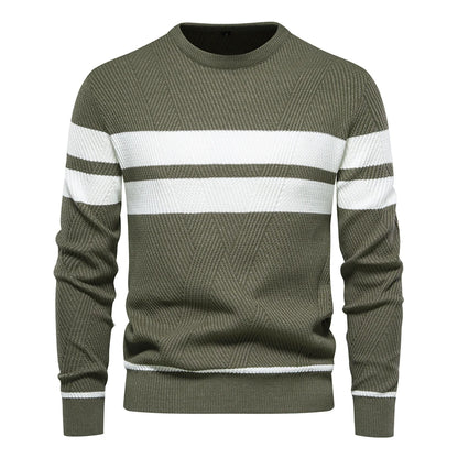 Men's Crew Neck Sweater with Bold Striped Design and Textured Knit Pattern, Featuring Ribbed Cuffs and Hem for a Casual and Comfortable Look