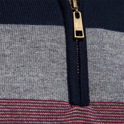 Men's Half-Zip Striped Sweater with Stand Collar and Ribbed Cuffs and Hem for a Stylish Casual Look