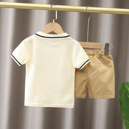 Adorable Polo Shirt and Shorts Set for Boys with Teddy Bear Patch and Casual Style