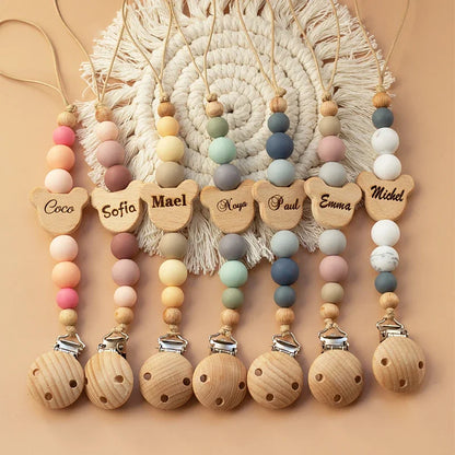 Personalized Baby Pacifier Clips with Wooden and Silicone Beads for Teething and Soothing