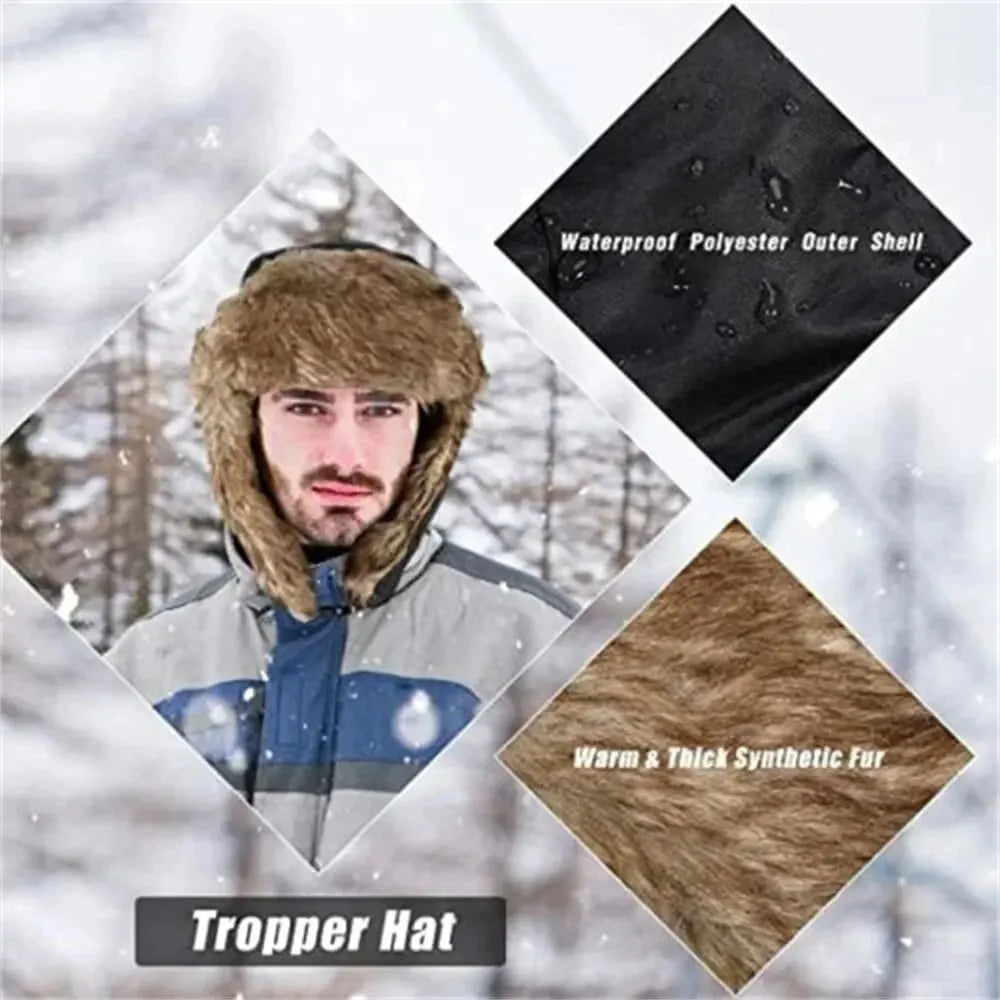 Winter Faux Fur Trapper Hat with Ear Flaps and Adjustable Strap for Ultimate Warmth and Wind Protection