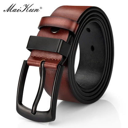 Men's Genuine Leather Belt with Matte Finish Metal Pin Buckle for Formal and Casual Attire